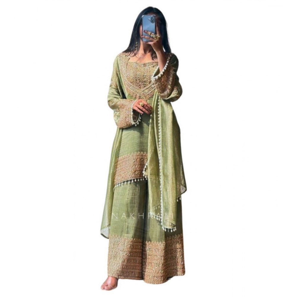 Green silk embroidered 3/4th sleeve round kurti set with sharara pant and dupatta, intricate pattern details on traditional Indian attire