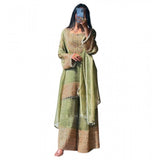 Green silk embroidered 3/4th sleeve round kurti set with sharara pant and dupatta, intricate pattern details on traditional Indian attire