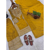 Yellow silk embroidered kurti set with sharara pant and dupatta, calf-length round neck 3/4th sleeve