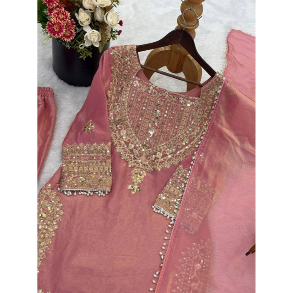 Pink silk embroidered 3/4th sleeve round kurti with sharara pant and dupatta set, calf length on model