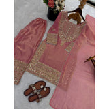 Pink silk embroidered 3/4th sleeve round kurti with sharara pant and dupatta set, detailed close-up view