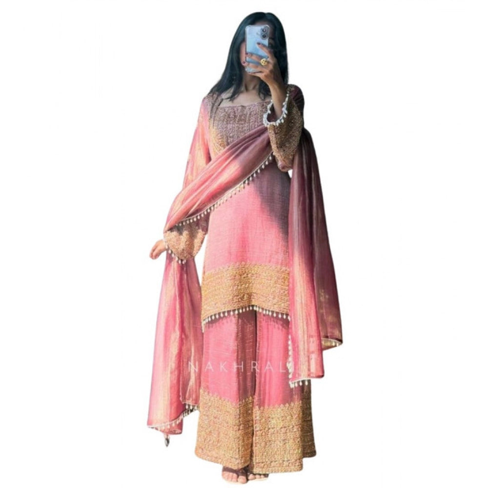 Pink silk embroidered 3/4th sleeve round kurti set with sharara pant and dupatta, calf-length Indian women's fashion accessory
