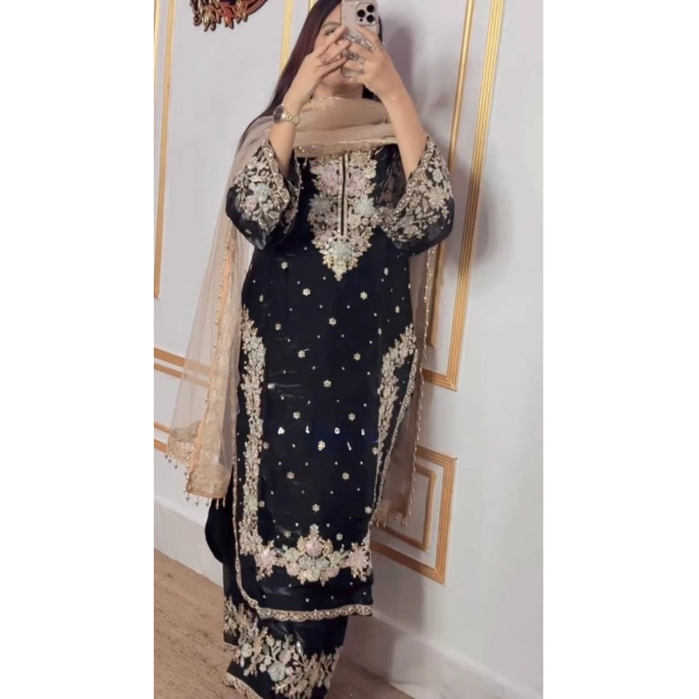 Black silk embroidered kurti set with palazzo pant and dupatta, calf-length round neck 3/4th sleeve
