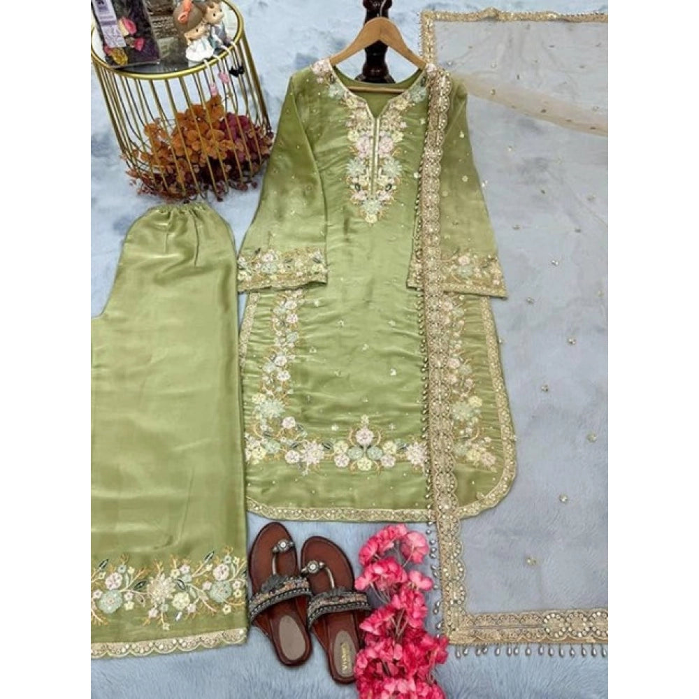 Pista silk embroidered women's kurti set with palazzo pants and dupatta, round neck, 3/4th sleeve, calf length