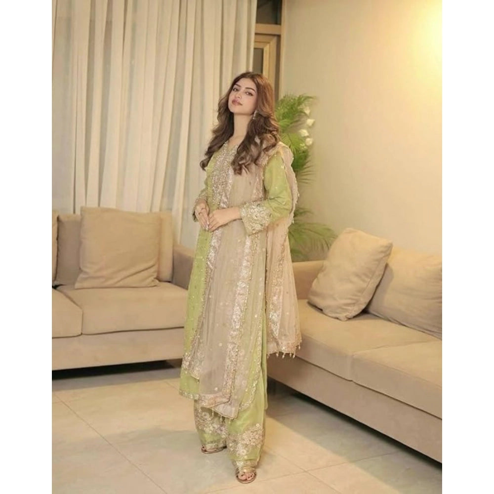 Pista silk embroidered 3/4th sleeve kurti set with palazzo pant and dupatta, intricate embroidery on traditional Indian attire