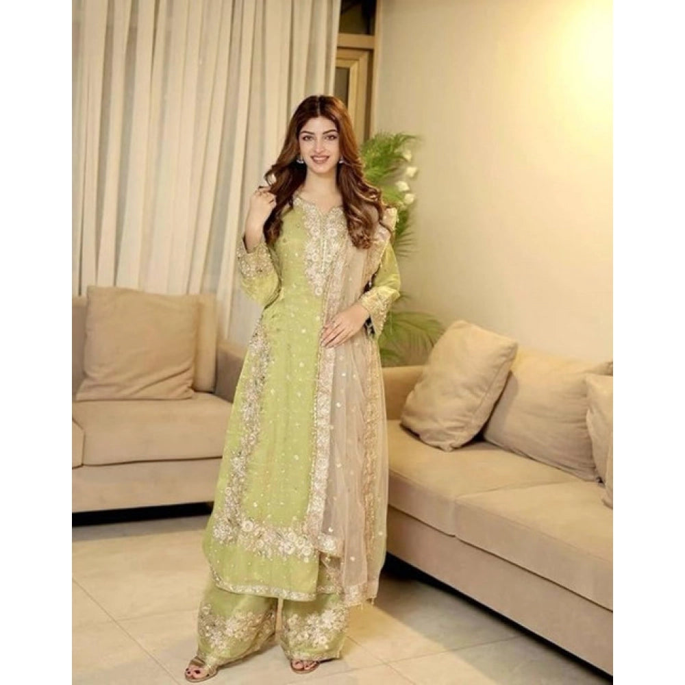 Silk embroidered Pista kurti set with palazzo pant and dupatta: Round neck, 3/4th sleeve, calf length
