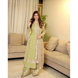 Pista silk embroidered 3/4th sleeve round kurti set with palazzo pant & dupatta, intricate embellishments