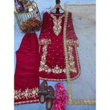 Red silk embroidered kurti set with palazzo pants and dupatta, calf-length 3/4th sleeve round neck design