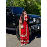 Red silk embroidered kurti set with palazzo pant and dupatta, round neck, 3/4th sleeve, calf length