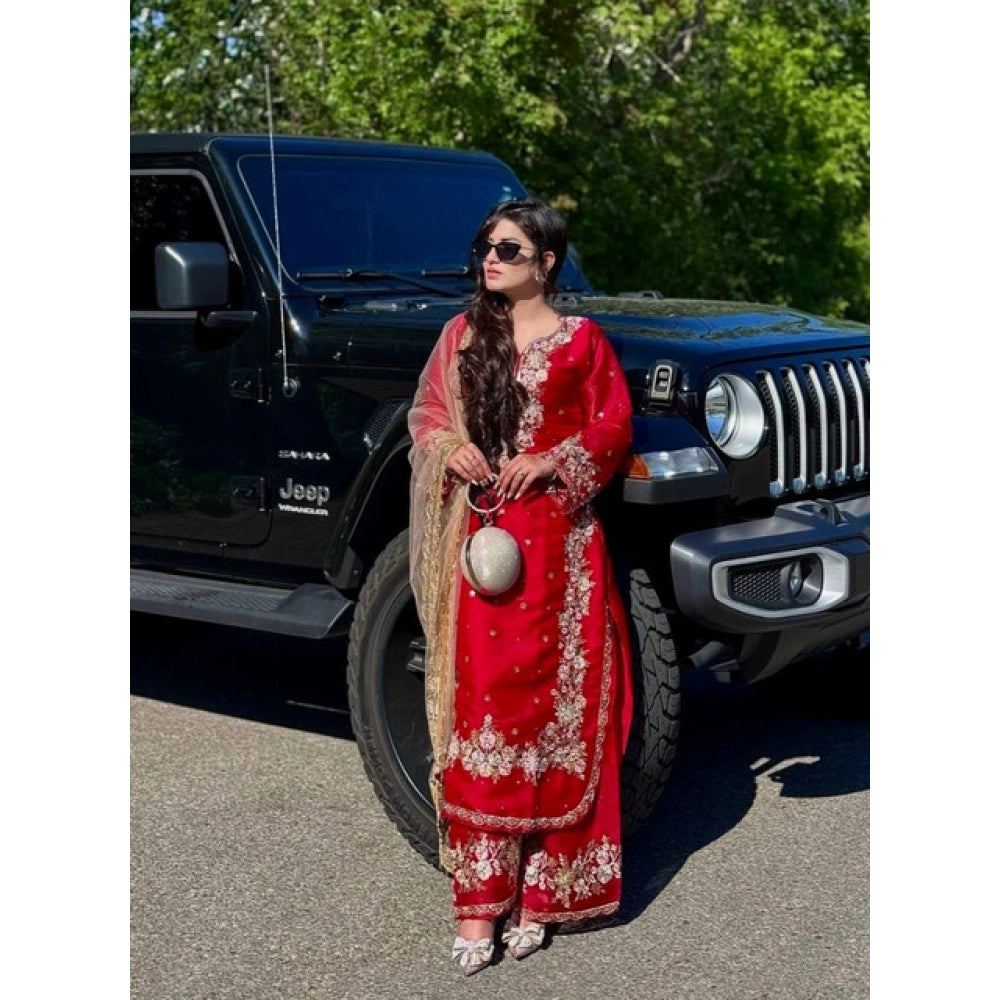 Red silk embroidered kurti set with palazzo pants and dupatta, 3/4th sleeve and calf length
