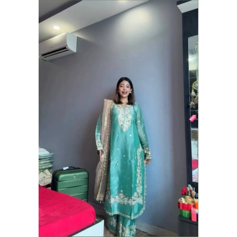 Sea Green silk embroidered women's kurti set with palazzo pants and dupatta, calf-length round neck 3/4th sleeve design