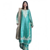 Sea Green silk embroidered kurti set with palazzo pant and dupatta, calf length with 3/4th sleeves and round neck