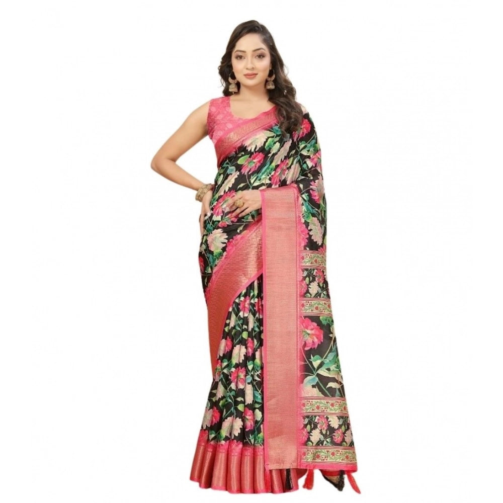 Black cotton silk floral printed saree with unstitched blouse, vibrant blooms on elegant fabric