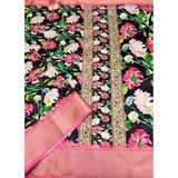 Black cotton silk floral printed saree with unstitched blouse, vibrant blooms design