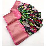 Black cotton silk floral printed saree with unstitched blouse, elegant Indian women's fashion accessory