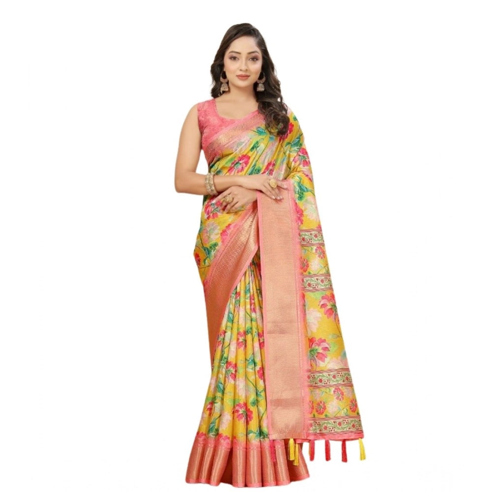 Yellow cotton silk floral printed saree with unstitched blouse, vibrant floral patterns on a 5.5mtr length