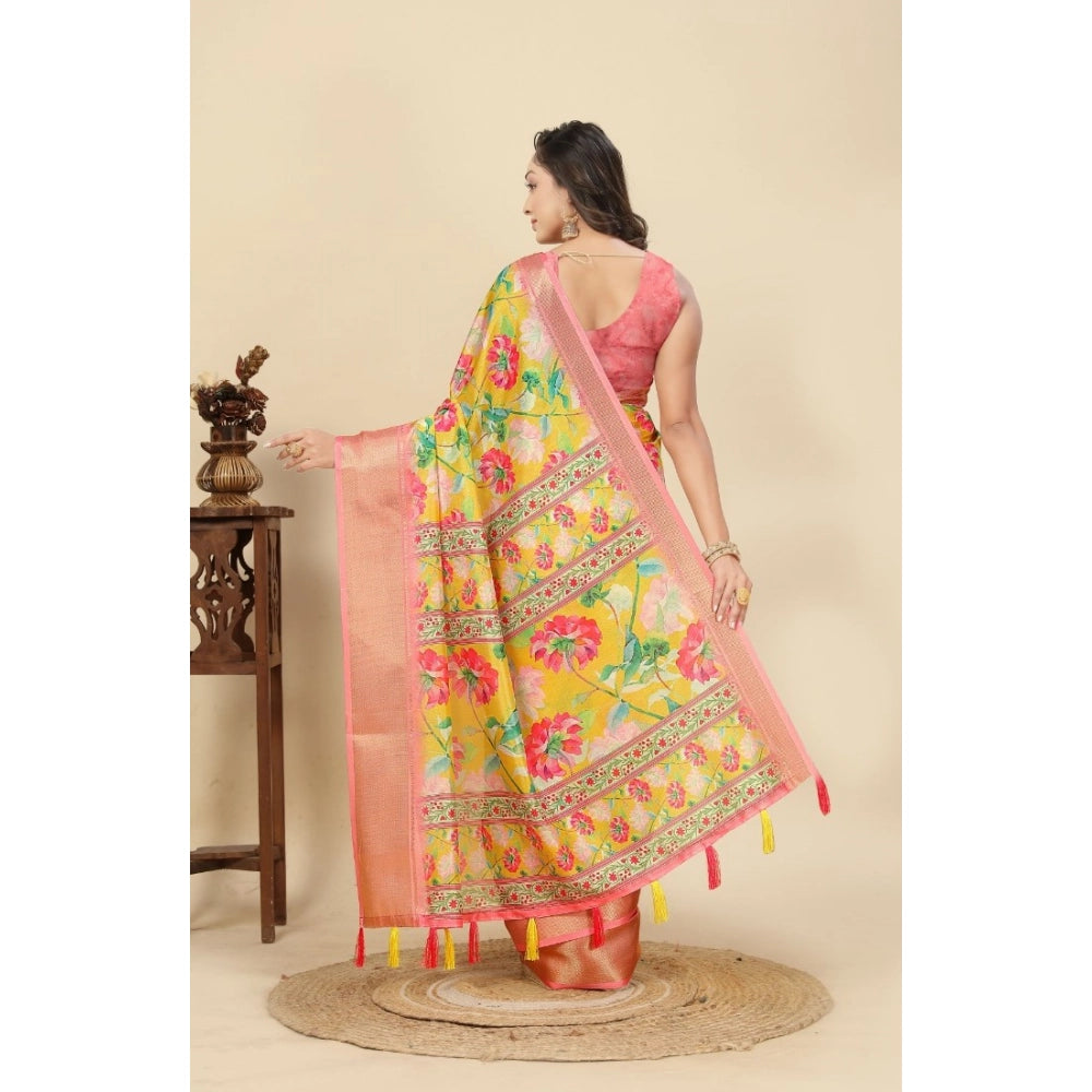 Yellow cotton silk floral printed saree with unstitched blouse (5.5Mtr)