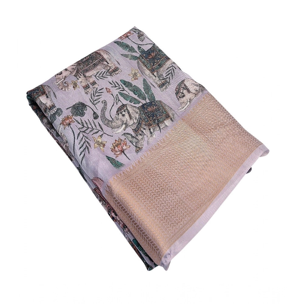 Grey cotton silk printed saree with unstitched blouse (5.5mtr)