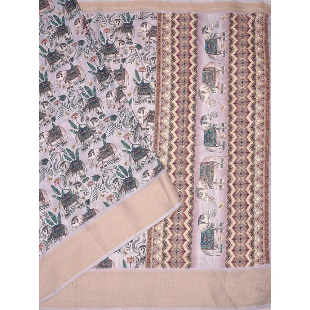 Gray cotton silk printed saree with unstitched blouse, 5.5mtr length