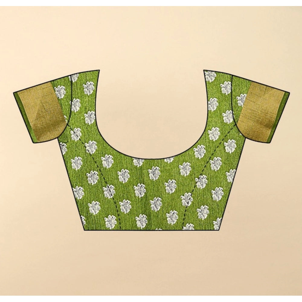 Mehandi-colored cotton blend printed saree with unstitched blouse (5.5Mtr) - traditional Indian women's fashion