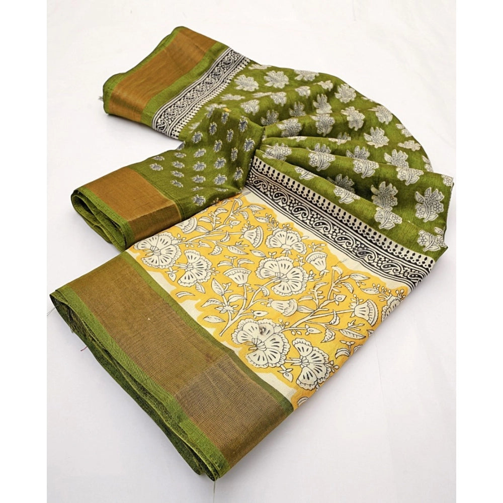 Mehandi cotton blend printed saree with unstitched blouse (5.5Mtr), vibrant Indian traditional wear for women