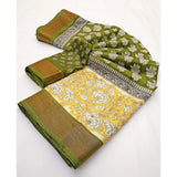 Mehandi cotton blend printed saree with unstitched blouse (5.5Mtr), vibrant Indian traditional wear for women