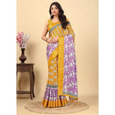 Yellow cotton blend printed saree with unstitched blouse (5.5Mtr)