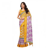 Yellow cotton blend printed saree with unstitched blouse (5.5mtr) for women's traditional Indian wear