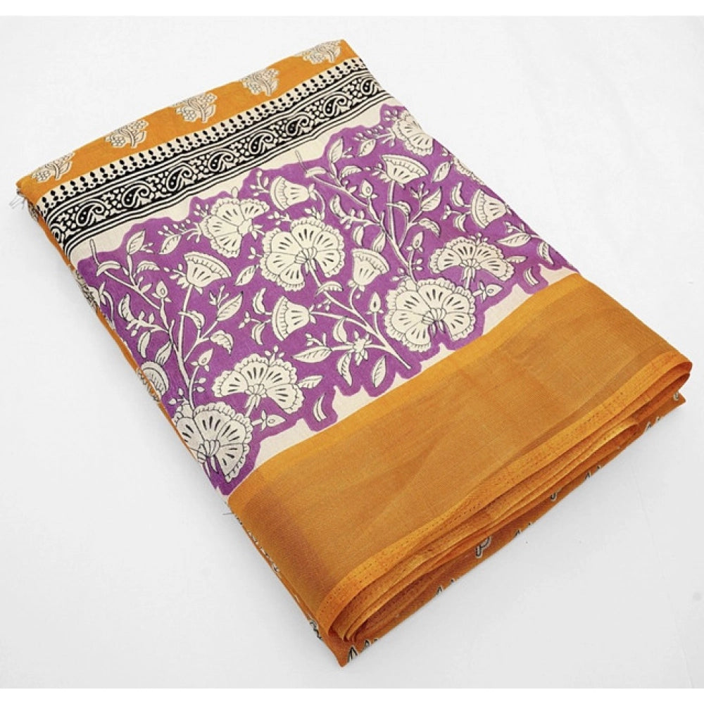 Yellow cotton blend printed saree with unstitched blouse (5.5Mtr)