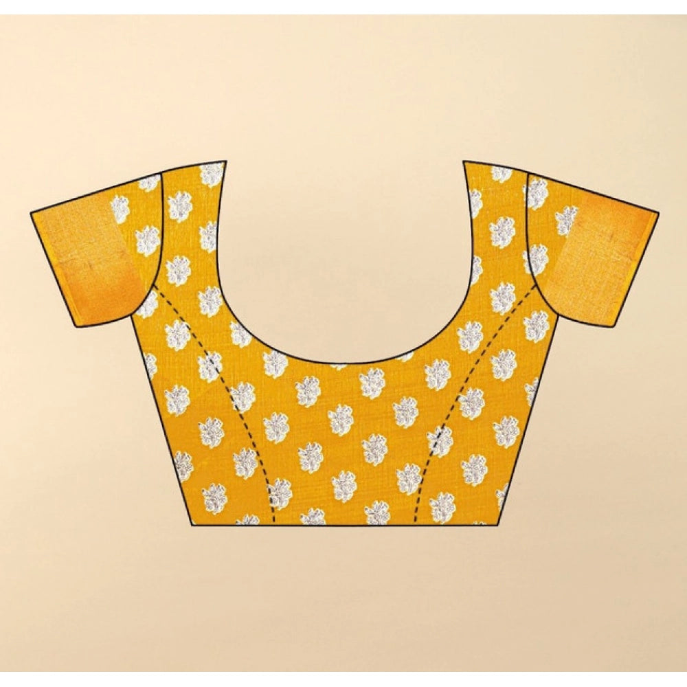 Yellow cotton blend printed saree with unstitched blouse (5.5mtr)