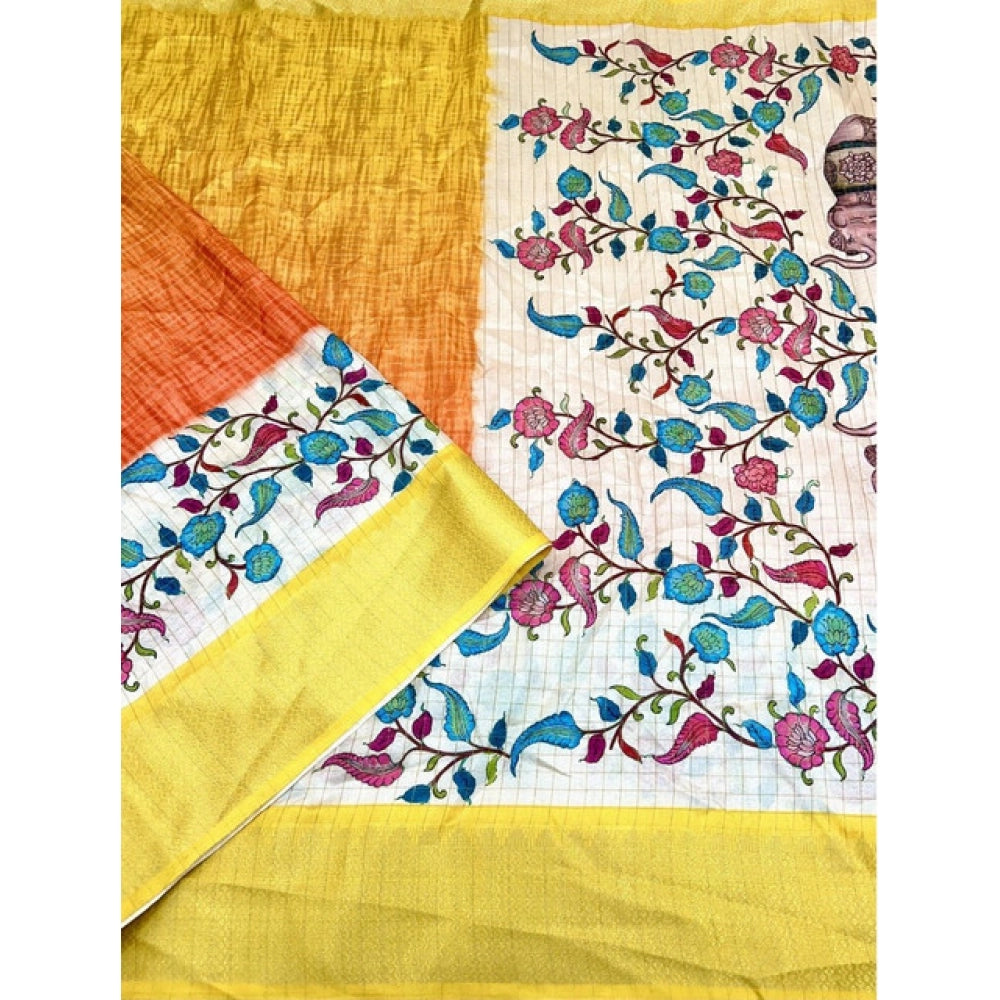 Lemon yellow cotton blend floral printed saree with unstitched blouse, vibrant blooms on flowing fabric