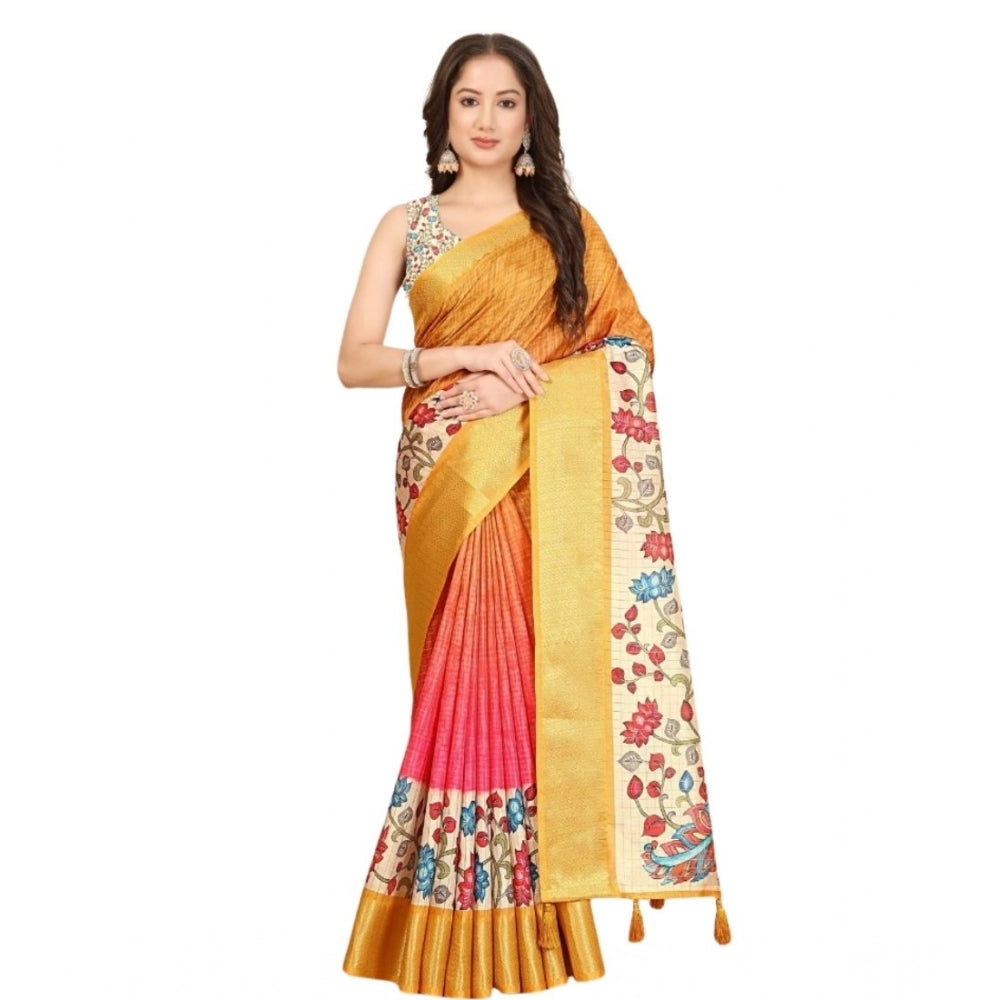 Yellow cotton blend floral printed saree with unstitched blouse (5.5mtr) - vibrant traditional Indian women's wear