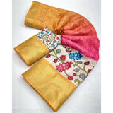 Yellow cotton blend floral printed saree with unstitched blouse, 5.5Mtr for Indian women's traditional attire