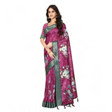Multicolor cotton blend floral printed saree with unstitched blouse, 5.5mtr on model