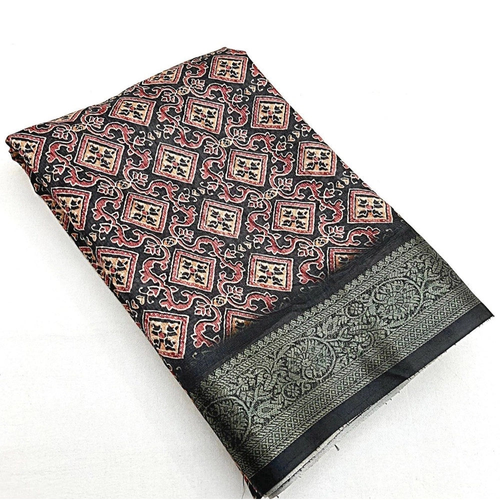 Black cotton blend printed saree with unstitched blouse, 5.5mtr length