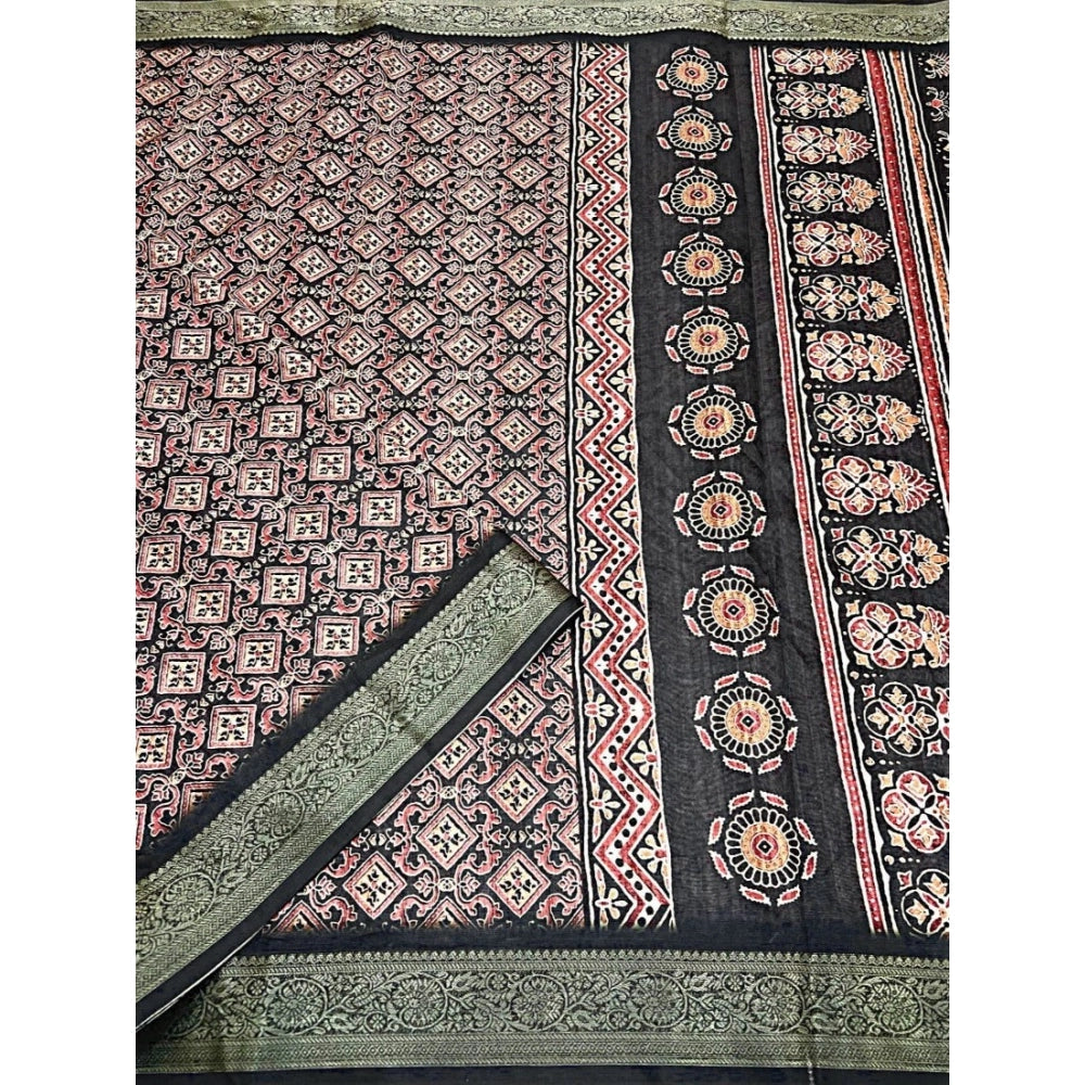Black cotton blend printed saree with unstitched blouse (5.5mtr), traditional Indian women's fashion accessory