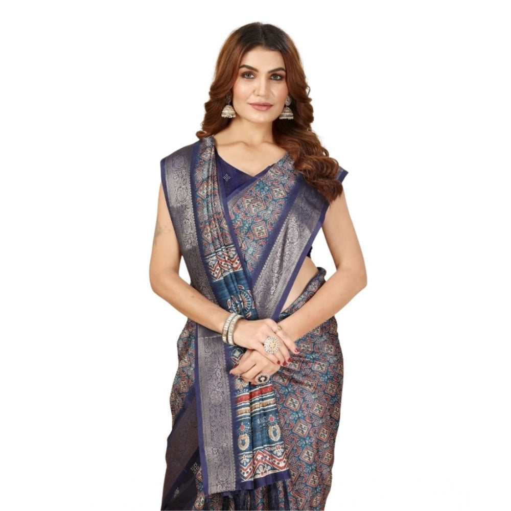 Blue cotton blend printed saree with unstitched blouse (5.5Mtr) - Vibrant Indian fashion for women