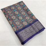Blue cotton blend printed saree with unstitched blouse (5.5mtr)