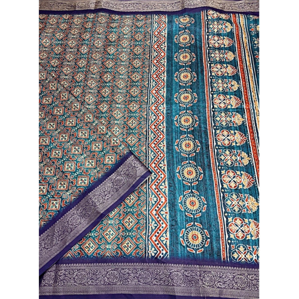Blue cotton blend printed saree with unstitched blouse, 5.5Mtr length for women's traditional Indian wear