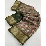 Green cotton blend printed saree with unstitched blouse, 5.5Mtr on mannequin