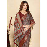 Multicolor cotton blend printed saree with unstitched blouse (5.5mtr), women's traditional Indian attire on mannequin