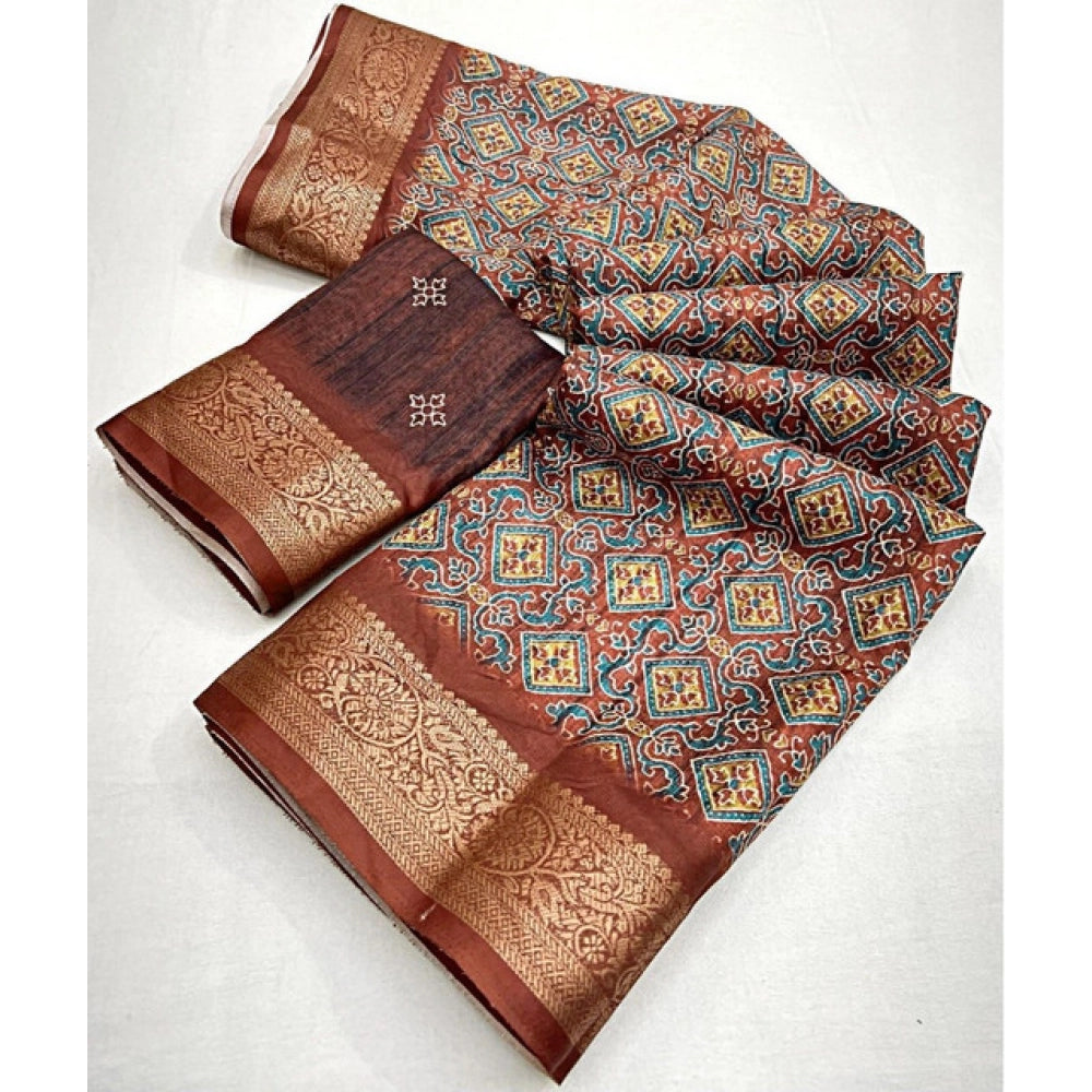 Multicolor cotton blend printed saree with unstitched blouse, vibrant Indian attire for women