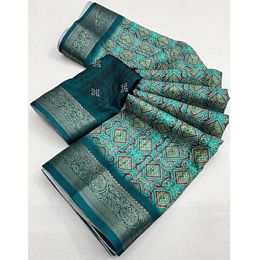 Rama-colored cotton blend printed saree with unstitched blouse, vibrant pattern on 5.5Mtr length