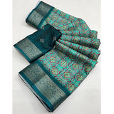 Rama-colored cotton blend printed saree with unstitched blouse, vibrant pattern on 5.5Mtr length