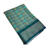 Rama-colored cotton blend printed saree with unstitched blouse (5.5mtr), vibrant design on traditional Indian clothing