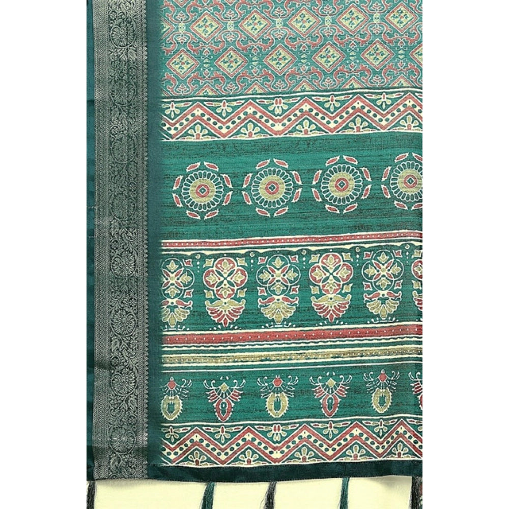Women's cotton blend printed saree with unstitched blouse, 5.5Mtr Rama patterned saree on model