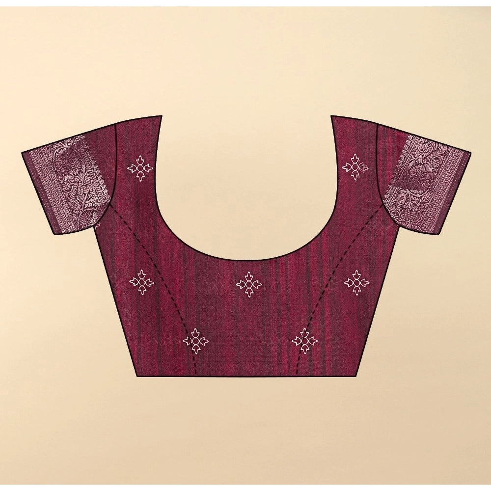 Women's wine-colored cotton blend printed saree with unstitched blouse (5.5mtr), intricate design on display