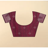 Women's wine-colored cotton blend printed saree with unstitched blouse (5.5mtr), intricate design on display
