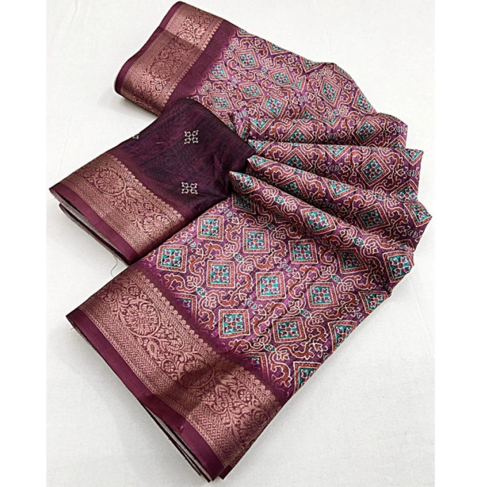 Women's wine-colored cotton blend printed saree with unstitched blouse (5.5mtr), stylish ethnic wear for festive occasions