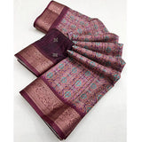 Women's wine-colored cotton blend printed saree with unstitched blouse (5.5mtr), stylish ethnic wear for festive occasions